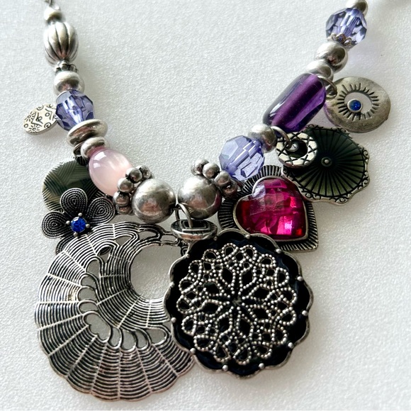 Tribal Sterling Silver Bib Necklace Purple Blue Pink Red Charms Snake Link 12” - Picture 1 of 11